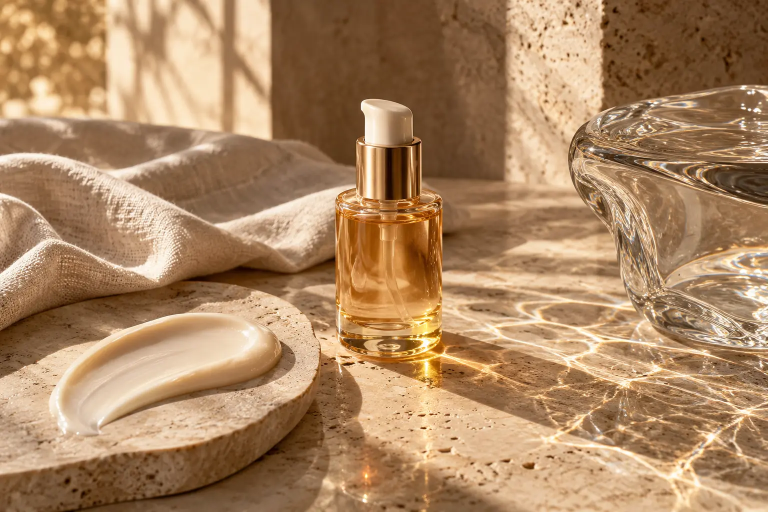 Skincare still life with serum, cream and reflected sunlight