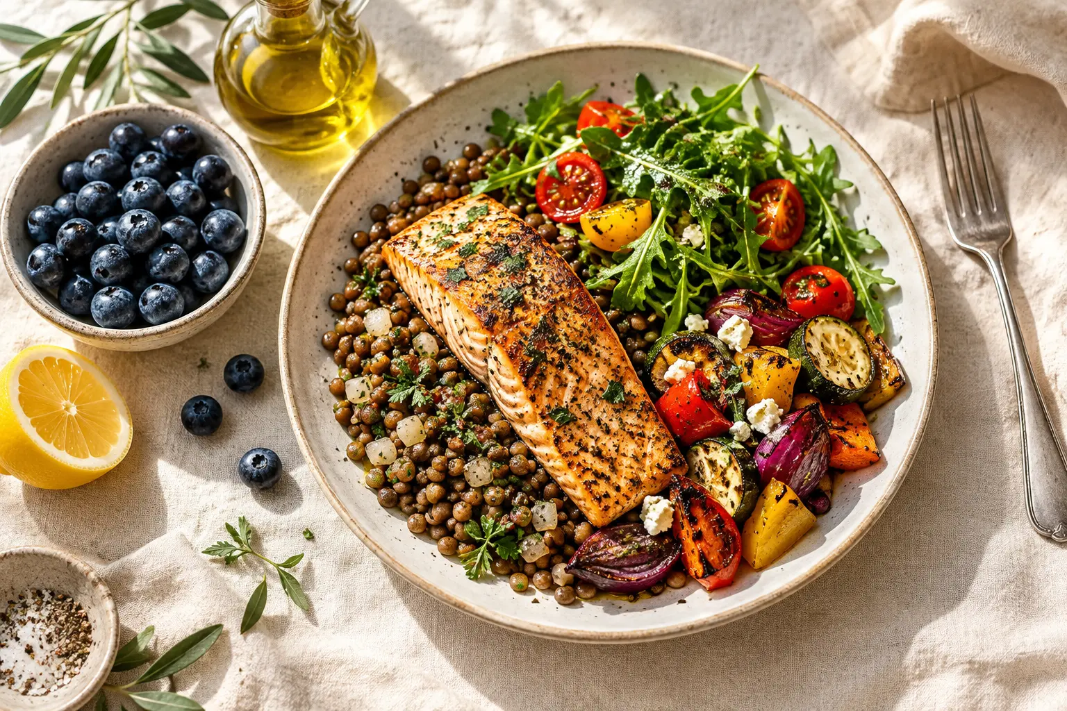 A colorful meal with salmon, lentils and vegetables
