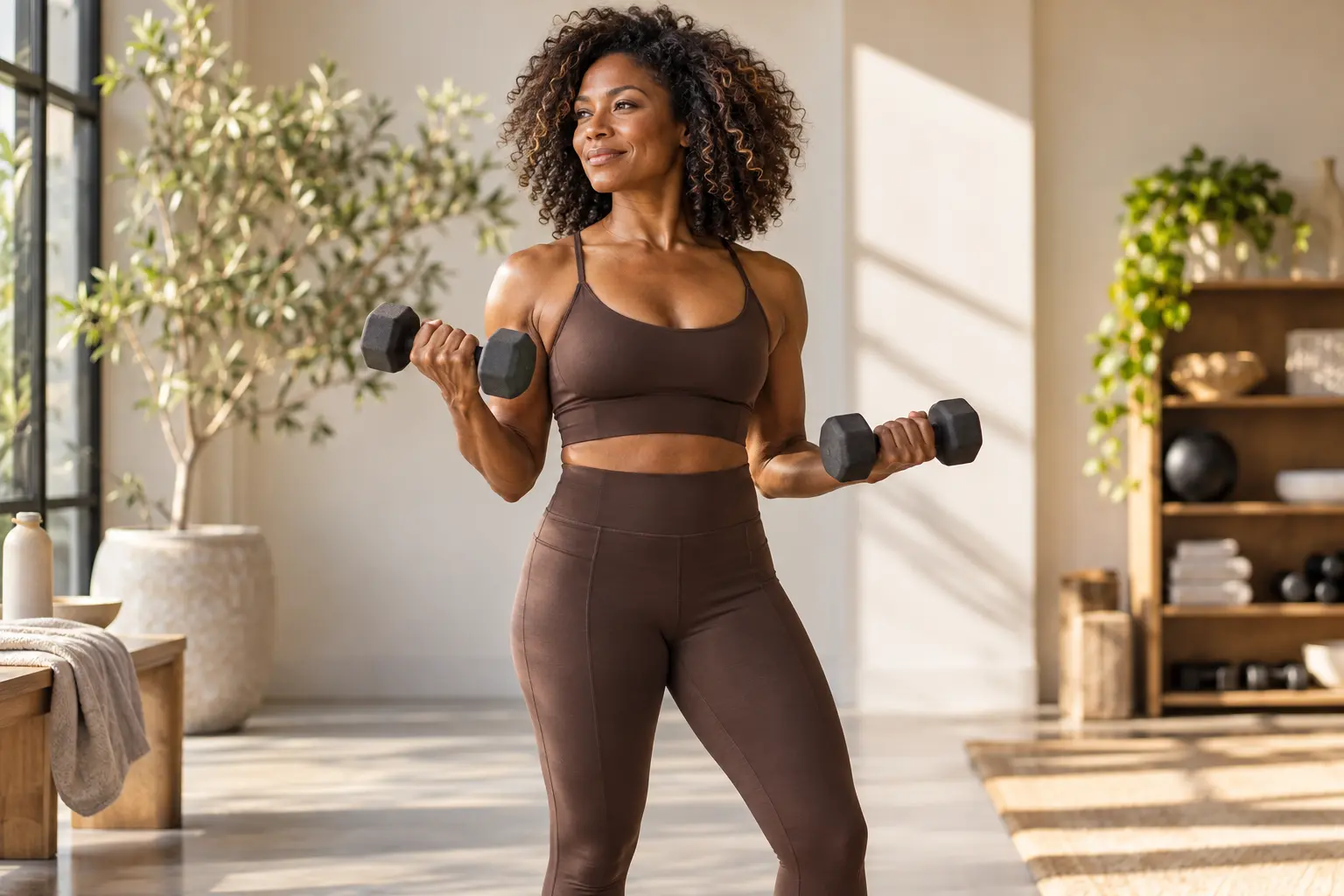 A woman practicing strength training in a bright studio